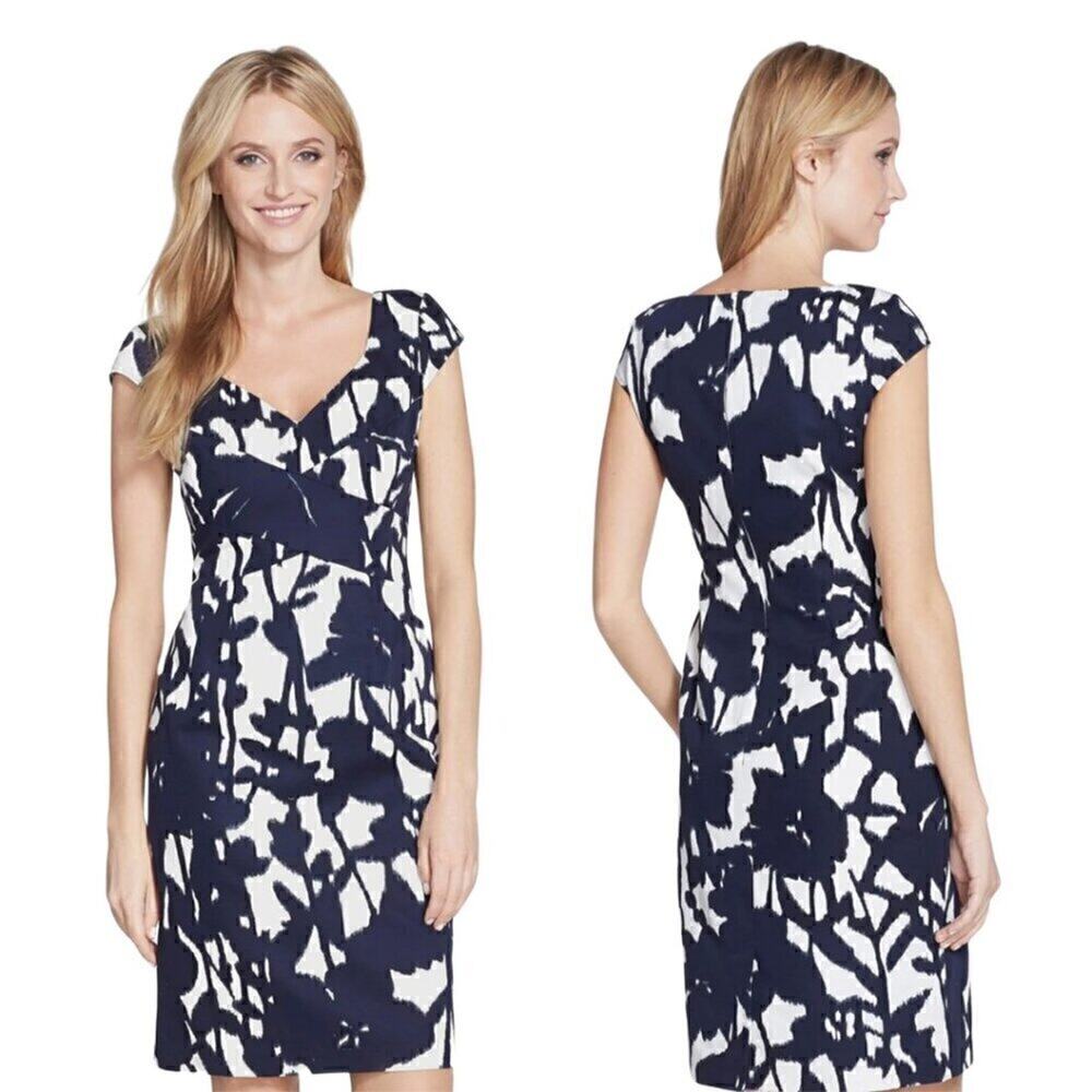 Adrianna Papell NWT Sweetheart Faille Sheath Dress 6 Navy Blue Floral Cotton